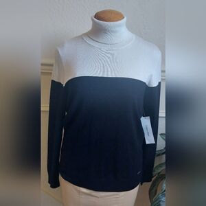 Calvin Klein Woman's Cream/ Black Fine Knit Turtleneck Sweater.